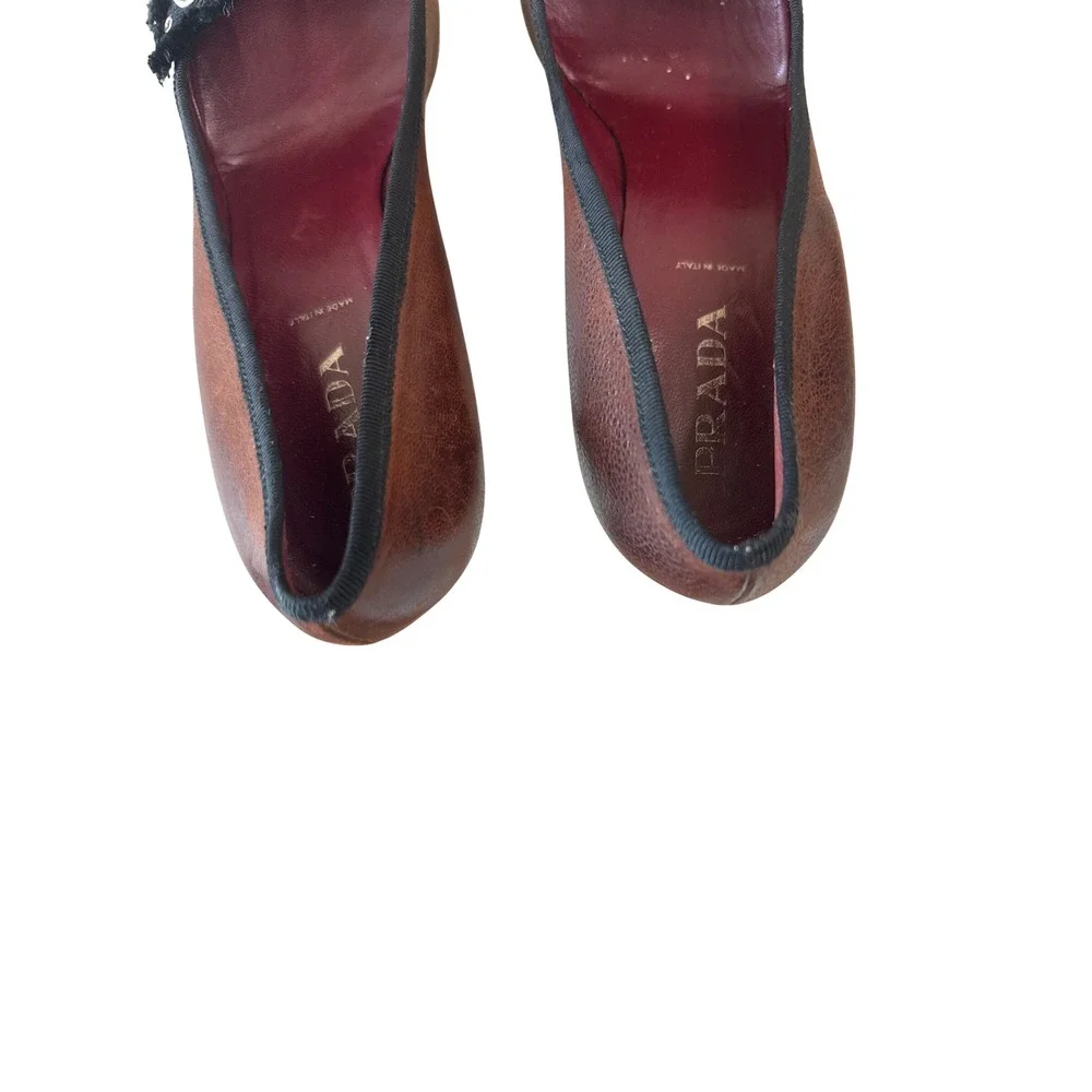 Prada Vintage Brown Leather Studded Grommet Bow Pumps Pointed Toe IT40 9.5